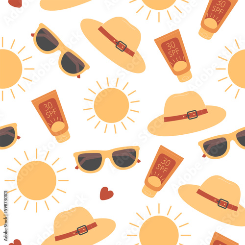 Seamless pattern with sun, sunglasses, straw hat and sunscreen cream. Summer beach vacation concept. Colorful vector flat illustration isolated on white background