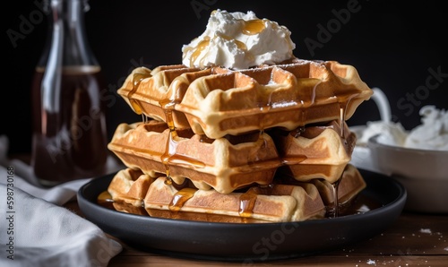  a stack of waffles with syrup and whipped cream on top. generative ai