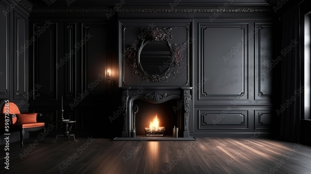 Fototapeta premium Living room interior with white fireplace, books, vases, photo frame. Generative Ai