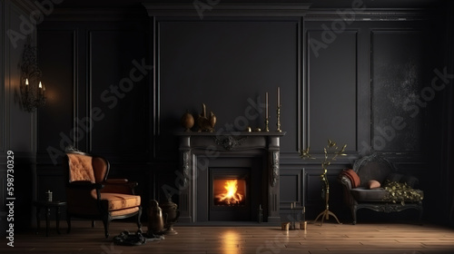 Home mockup, dark classic interior with burning fireplace, 3d render. Generative Ai