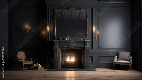 Home mockup, dark classic interior with burning fireplace, 3d render. Generative Ai © hassanmim2021