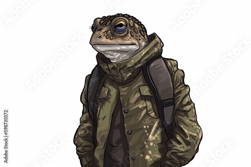 frog dressed in human clothing and carrying a backpack. Generative AI Generative AI