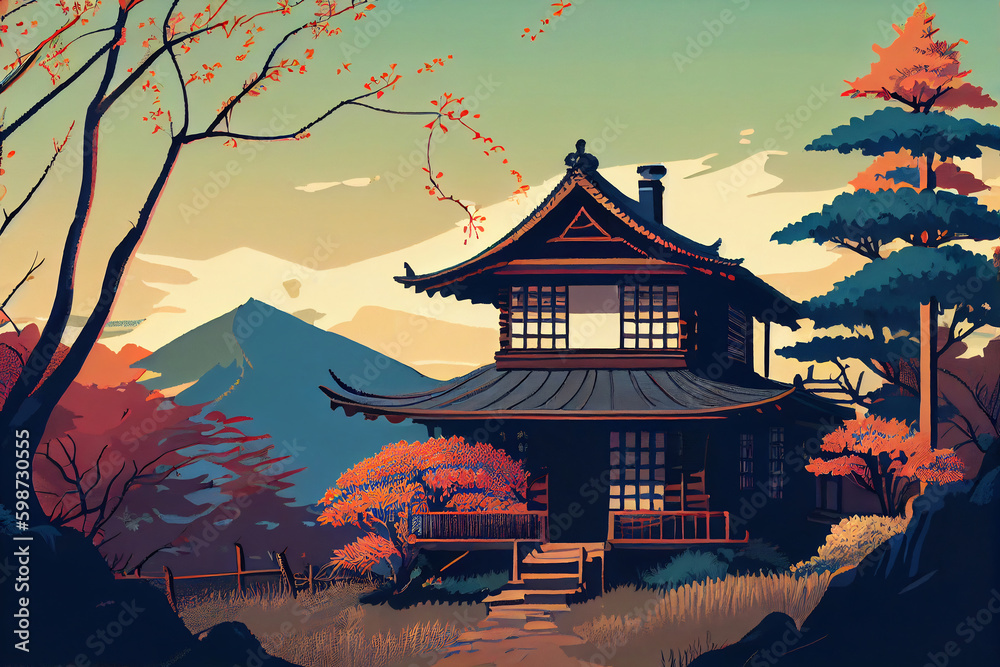 A typical beautiful Japanese house in a beautiful landscape in the background, illustration. Asian architecture A typical beautiful Japanese house in a beautiful landscape in the background, illustration. Asian architecture