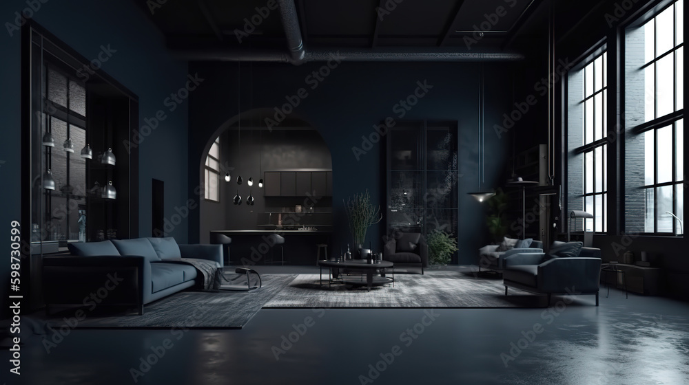 Modern dark home interior background, loft interior, 3d render, Bright color. Generative Ai