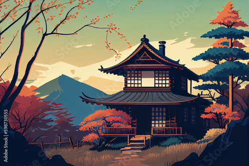 A typical beautiful Japanese house in a beautiful landscape in the background, illustration. Asian architecture