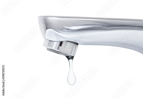 faucet with a falling drop of water on a white isolated background, side view, the concept of shutdown and lack of water
