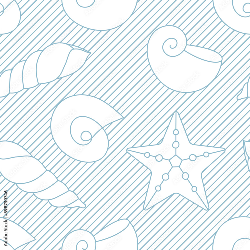 Sea shell vector seamless pattern. Textured seashells, stars background. Line doodle shapes on light blue, underwater vintage fabric, wrap Generative AI