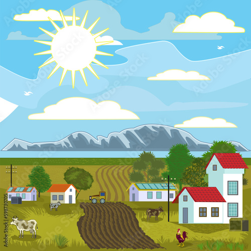 Landschaft, Dorf, Schöne Umgebung, Natur, Vektor Grafik