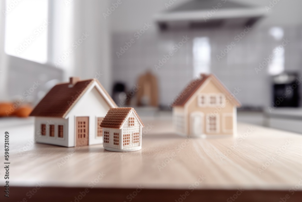two miniature houses displayed on a wooden tabletop. Generative AI Generative AI two miniature houses displayed on a wooden tabletop. Generative AI Generative AI