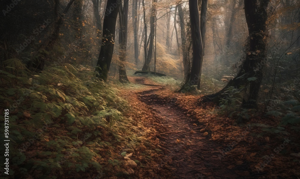 Fototapeta premium a path through a forest with lots of trees and leaves. generative ai