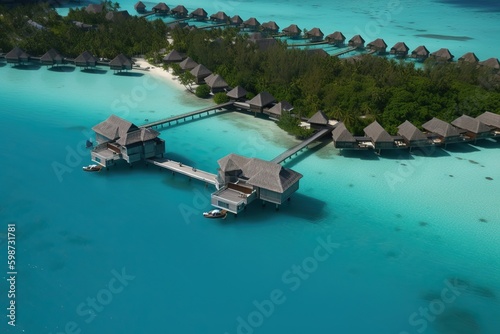 A hotel complex with bungalows on the Bora Bora islands, generative AI.