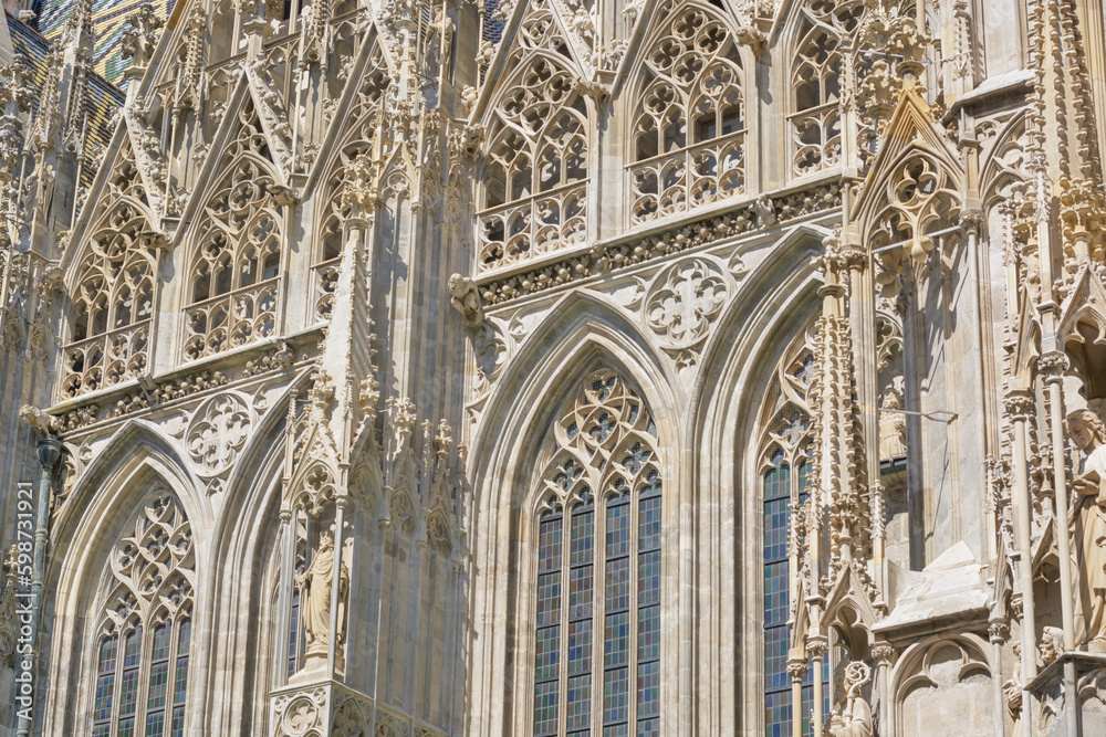 View of part of St. Stephen's Cathedral in Vienna with stone carvings and gothic windows