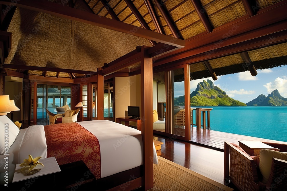 A hotel complex with bungalows on the Bora Bora islands, generative AI. - obrazy, fototapety, plakaty 