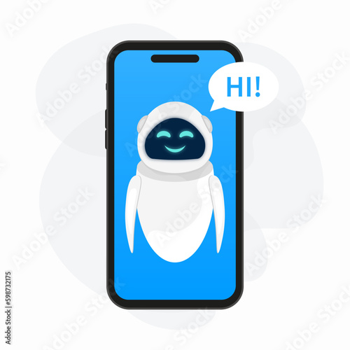 Illustration with artificial intelligence chatbot, character in the phone and chatting. The character of the robot is very positive, the design is minimalistic in a flat style. Vector illustration.