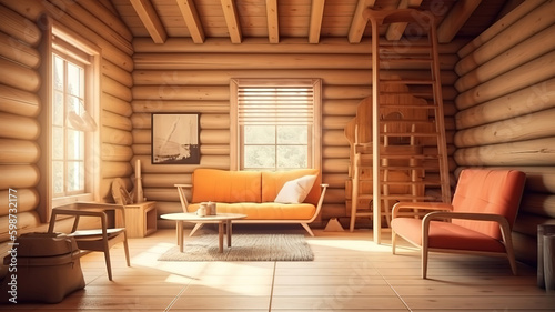 Home mockup, cozy log cabin interior background, 3d render. Generative Ai