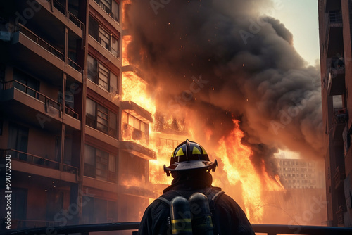 firefighter battling a raging inferno in a high-rise building. generative AI