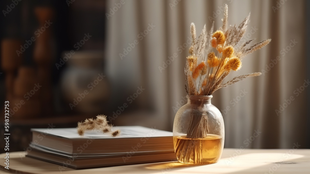 Home cozy interior of the room with books and dried flowers in a vase. Generative Ai