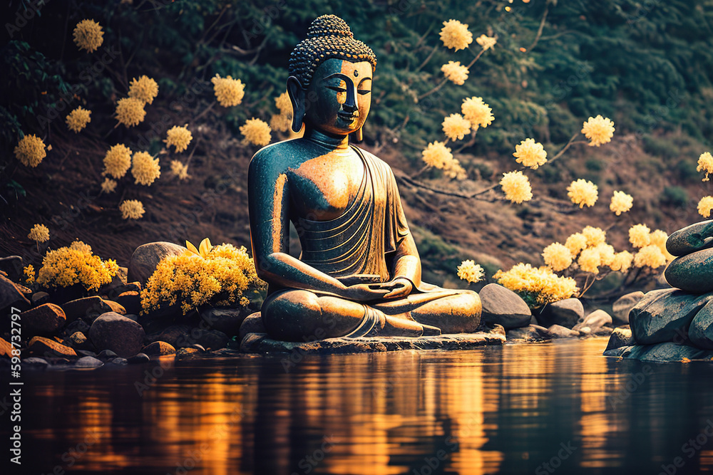 Buddha stone statue in green zen environment, generative ai.