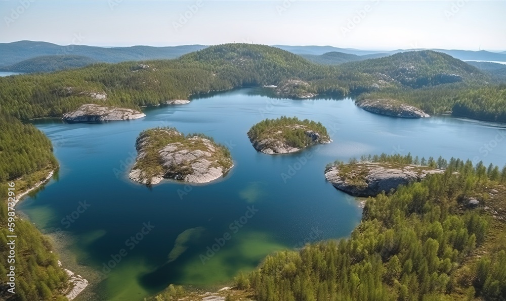  an aerial view of a lake surrounded by trees and mountains.  generative ai