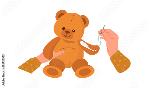 Handicraft toy bear concept. Hand with needle near ivy toy with ieces of fabric. Art and creativity. Needlework and craftwork. Tailor and seamstress. Cartoon flat vector illustration