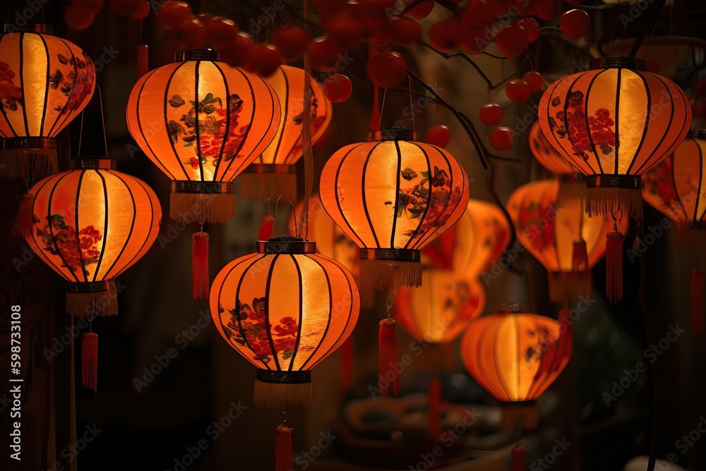 Street lighting in Chinese villages using their traditional lanterns, generative AI.