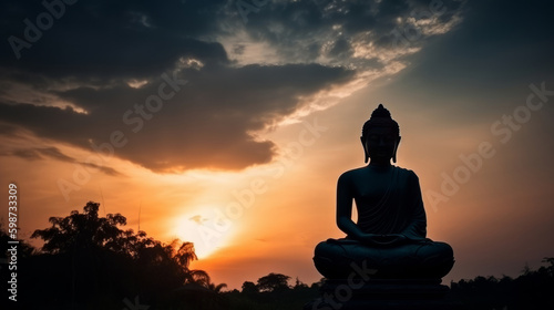 Silhouette of buddha statue at sunset sky background. Illustration AI Generative. © olegganko