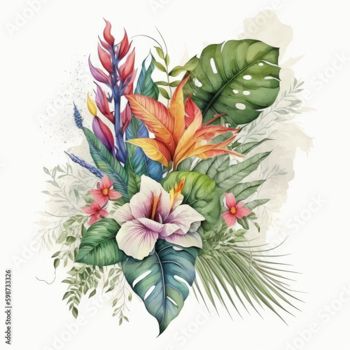 Watercolor tropical leaves. Illustration AI Generative.