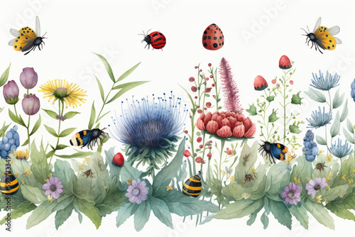 Watercolor floral border. Illustration AI Generative.