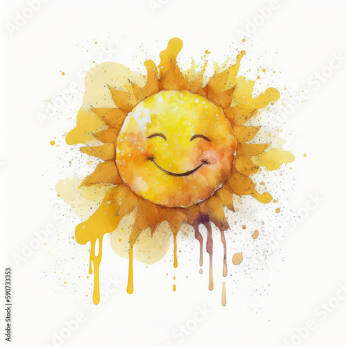 Cute watercolor sun. Illustration AI Generative.