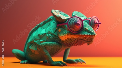 chameleon wearing sunglasses on a solid color background, vector art, digital art, faceted, minimal, abstract. Generative AI.