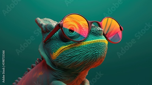 chameleon wearing sunglasses on a solid color background, vector art, digital art, faceted, minimal, abstract. Generative AI.