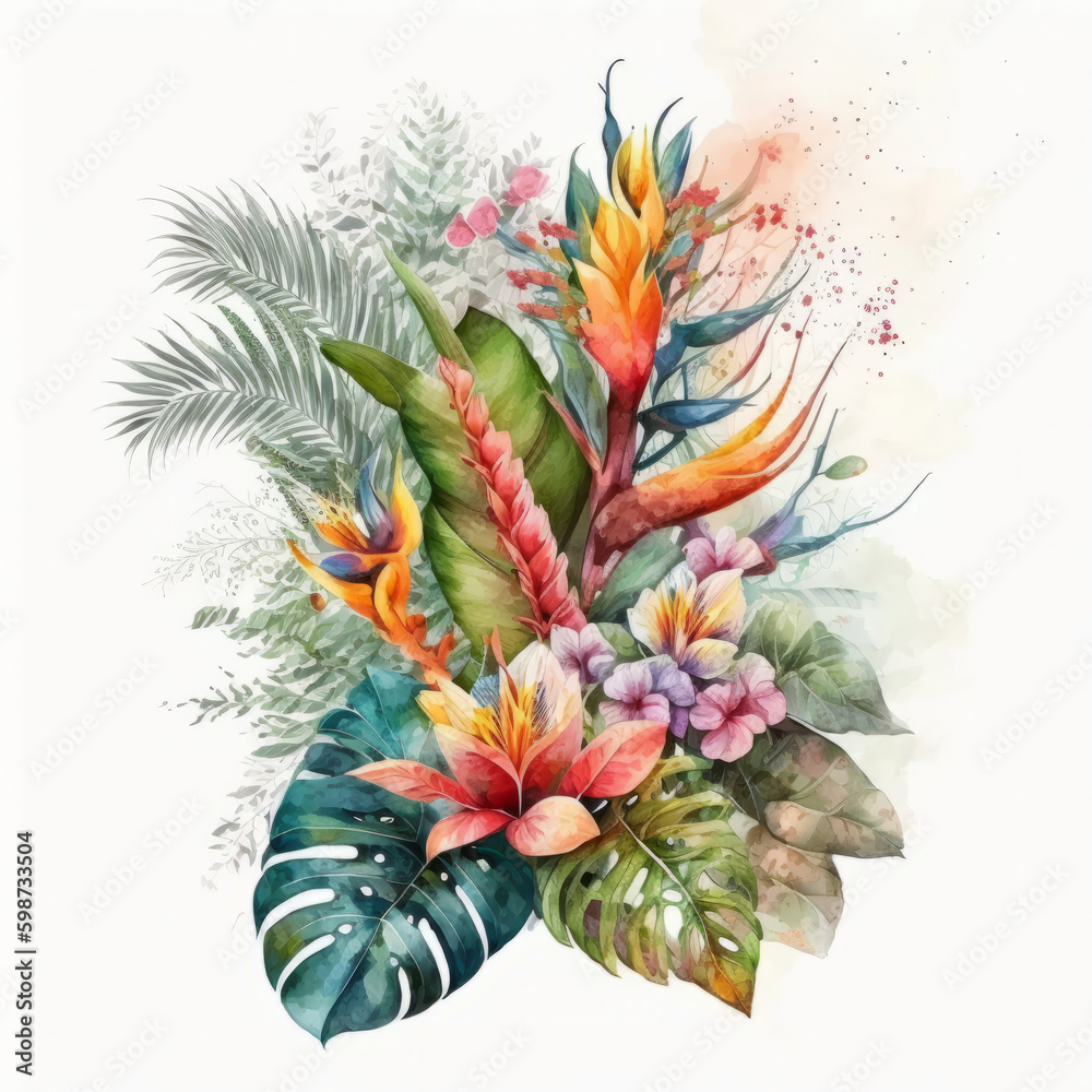 Watercolor tropical flowers. Illustration AI Generative
