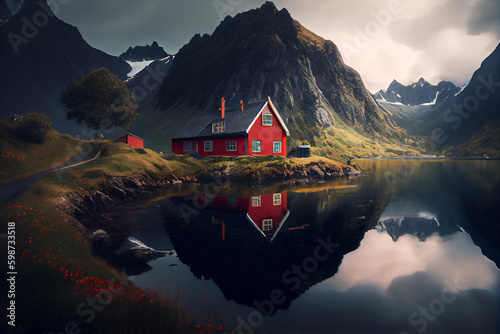 Traditional Norvegian country house and amazing landscape photo