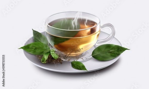  a cup of tea with a green leaf on a plate. generative ai