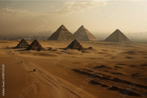 One of the Seven Wonders of the World is the Pyramid of Cheops pyramids in the desert, generative AI. © Niko_Dali