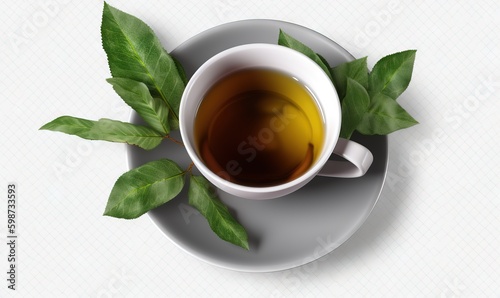  a cup of tea with green leaves on a saucer.  generative ai