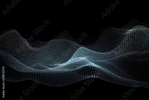 Abstract futuristic digital grid flowing wireframed wave. Big data transfer visualization, created with Generative AI