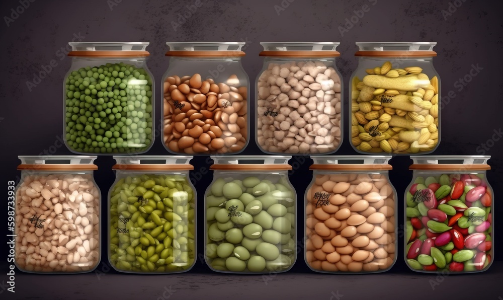  a set of six jars filled with different types of beans.  generative ai