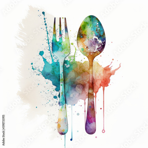 Watercolor spoon and fork. Illustration AI Generative