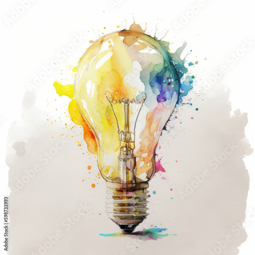 Watercolor light bulb. Illustration AI Generative.