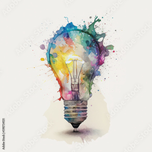 Watercolor light bulb. Illustration AI Generative.