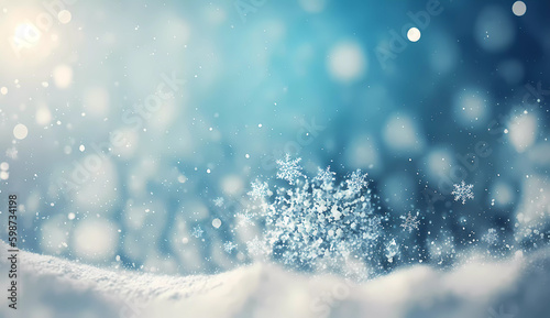 Snowflakes on the snow. bokeh. Christmas. Christmas background with snowflakes. Generative AI
