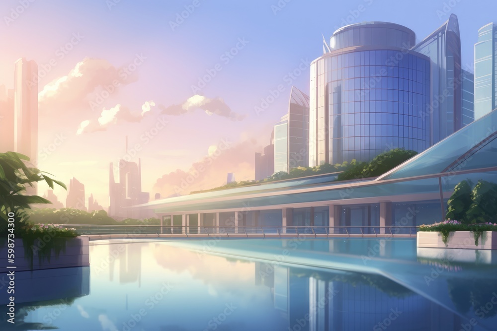 Obraz premium futuristic cityscape featuring a stunning infinity pool. Generative AI Generative AI