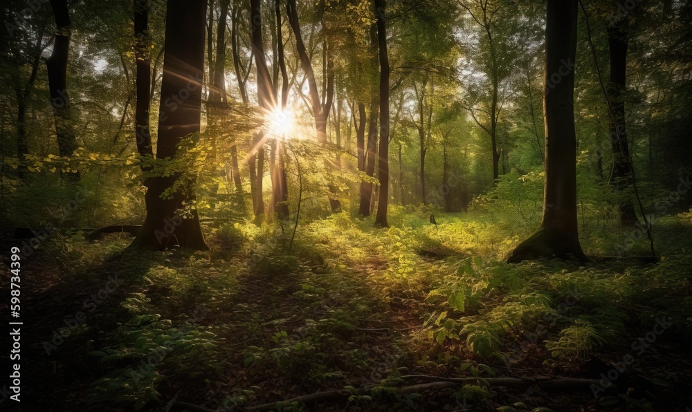  the sun shines through the trees in the forest floor.  generative ai