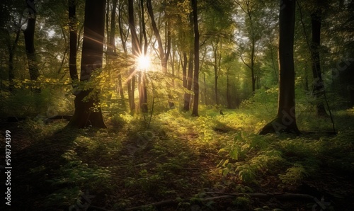  the sun shines through the trees in the forest floor. generative ai
