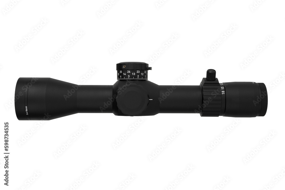 Modern sniper scope. Optical device for aiming and shooting at long distances. Isolate on a white back. Modern sniper scope. Optical device for aiming and shooting at long distances. Isolate on a white back.