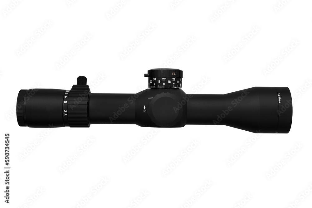 Modern sniper scope. Optical device for aiming and shooting at long distances. Isolate on a white back. Modern sniper scope. Optical device for aiming and shooting at long distances. Isolate on a white back.