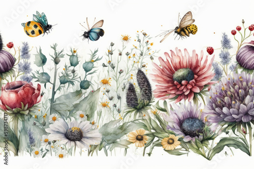 Watercolor floral border. Illustration AI Generative.