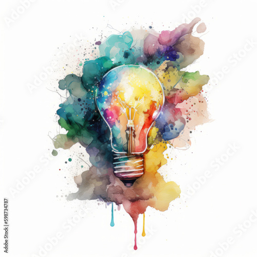 Watercolor light bulb. Illustration AI Generative.