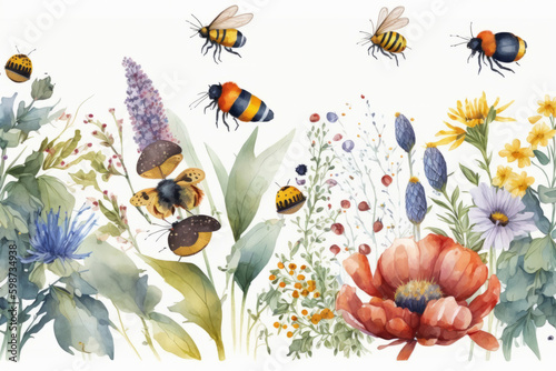Watercolor floral border. Illustration AI Generative.